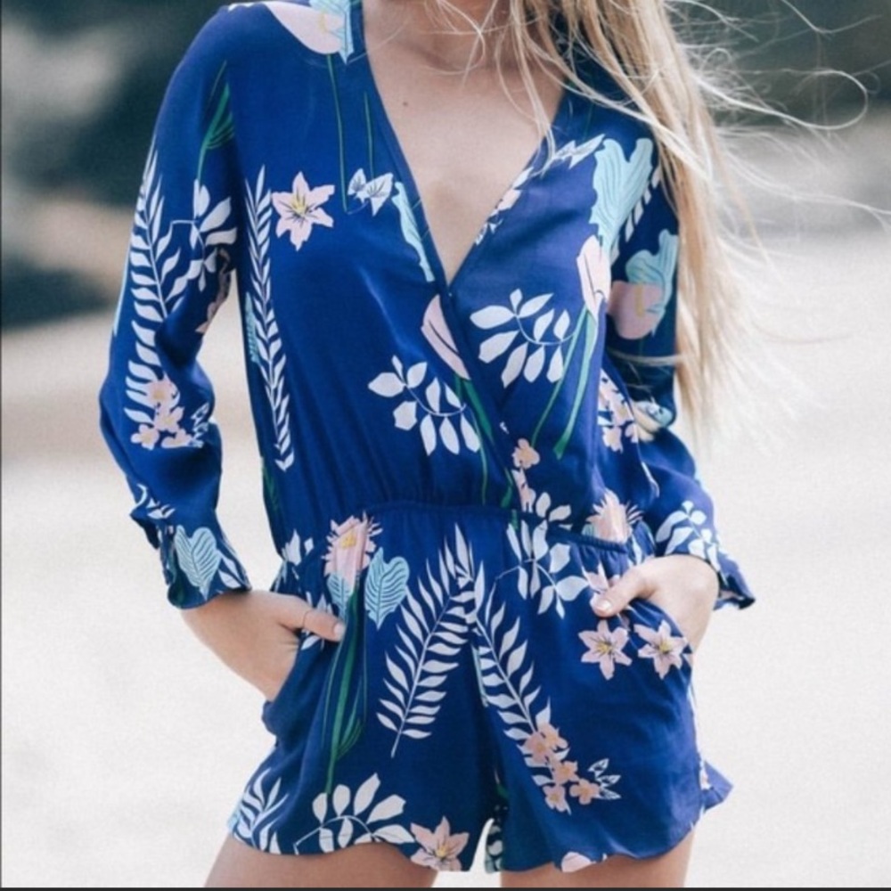 Ava Sky Floral Blue Jayna Crepe Romper Extra Small
